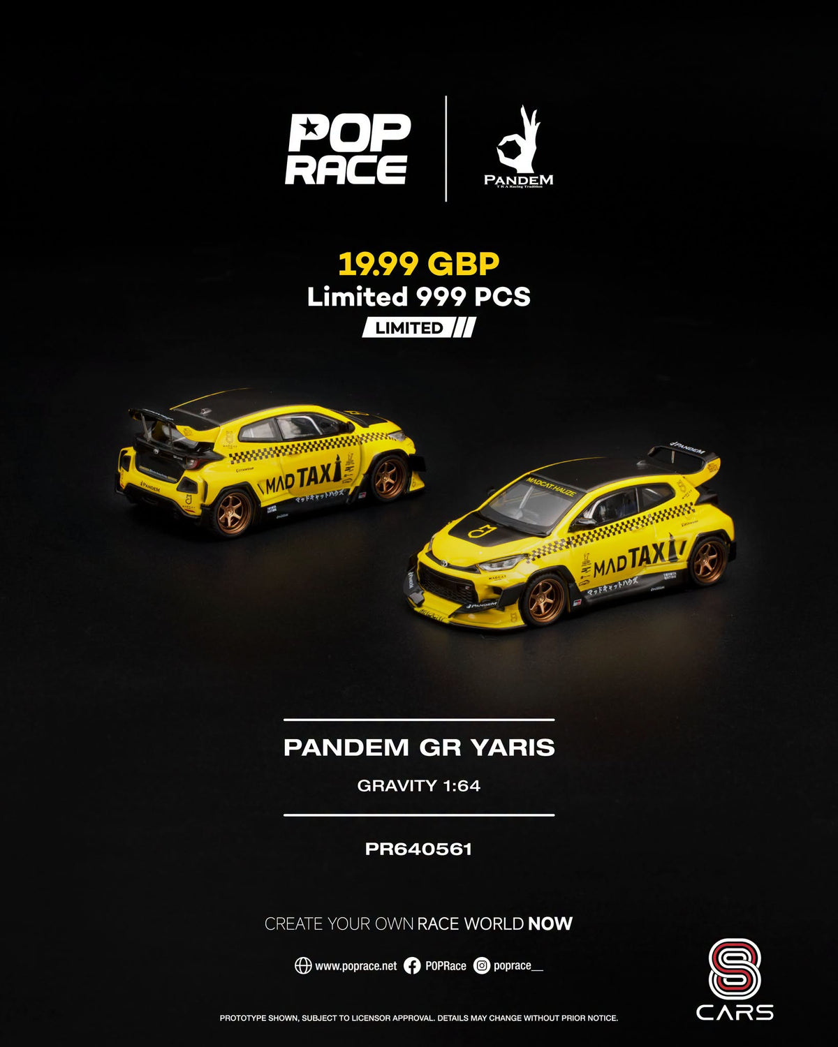 Pop Race UK Tour RWB 930 Gravity & Pandem GR Yaris Mad Taxi PR640564 PR640561 1/64 Diecast