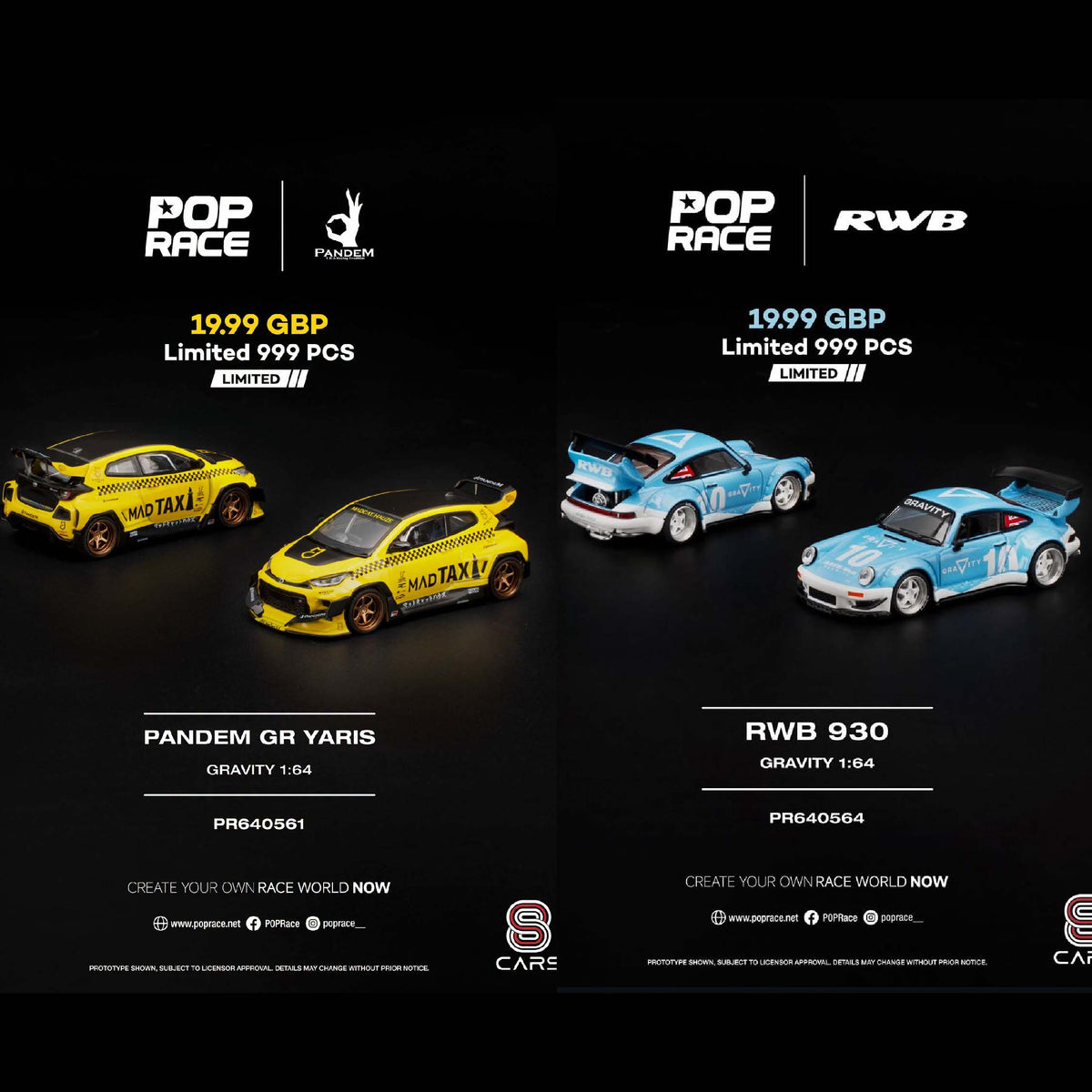 Pop Race UK Tour RWB 930 Gravity & Pandem GR Yaris Mad Taxi PR640564 PR640561 1/64 Diecast