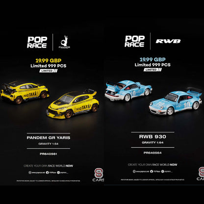 Pop Race UK Tour RWB 930 Gravity & Pandem GR Yaris Mad Taxi PR640564 PR640561 1/64 Diecast