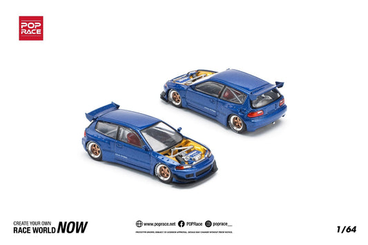 Pop Race Pandem Civic EG6 Metallic Blue With Open Hood PR640174 1/64 Diecast