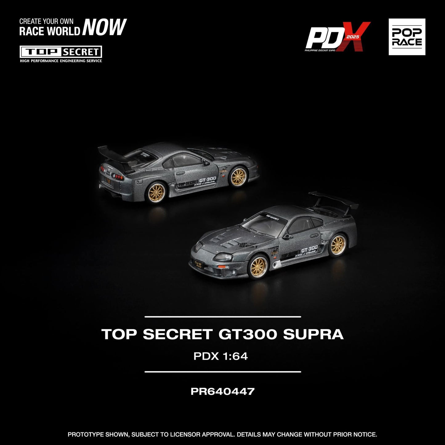 Pop Race Toyota Supra Top Secret GT300 Gray Gold PDX2025 PR640447 1/64 Diecast