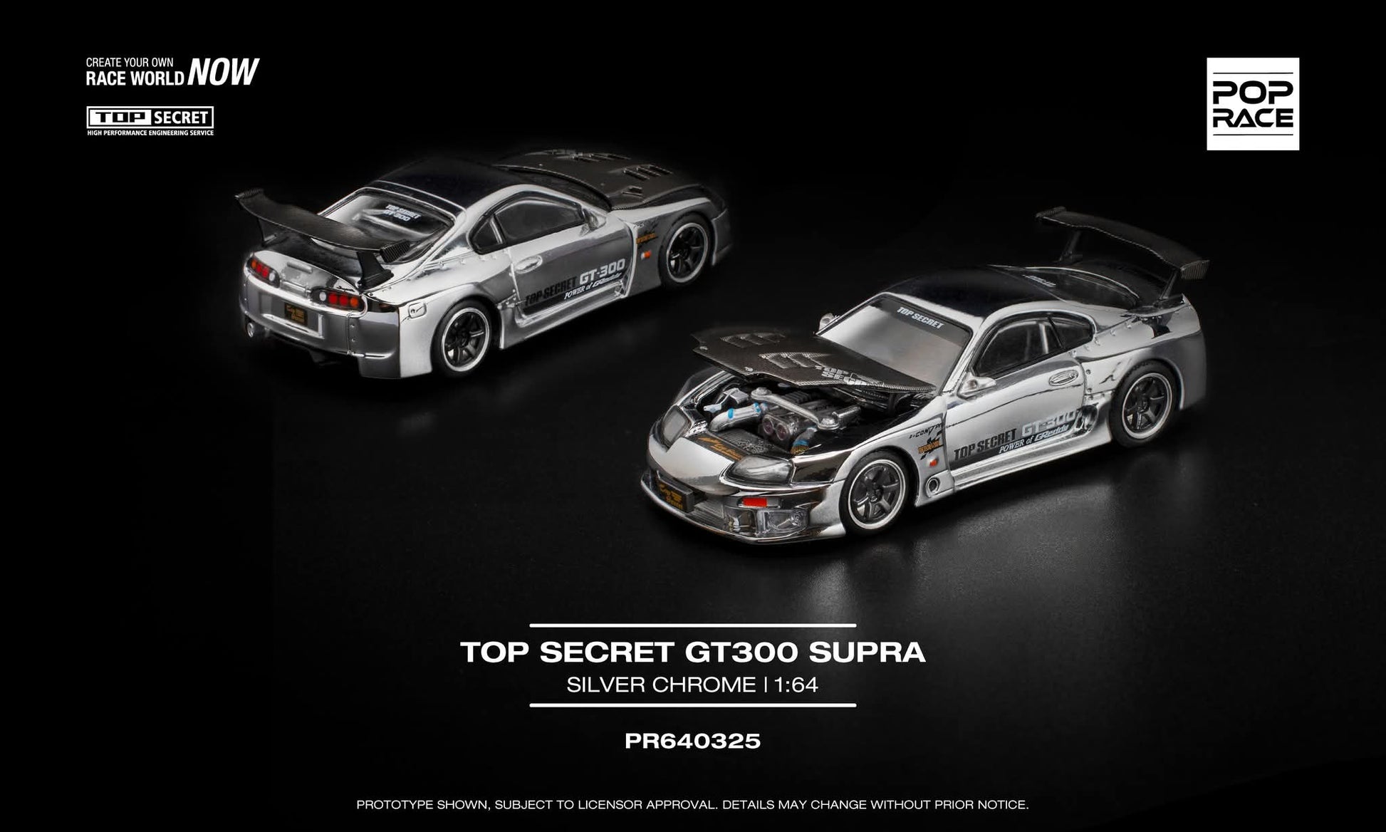 Pop Race Toyota Supra Top Secret GT300 Silver Chrome PR640325 1/64 Diecast