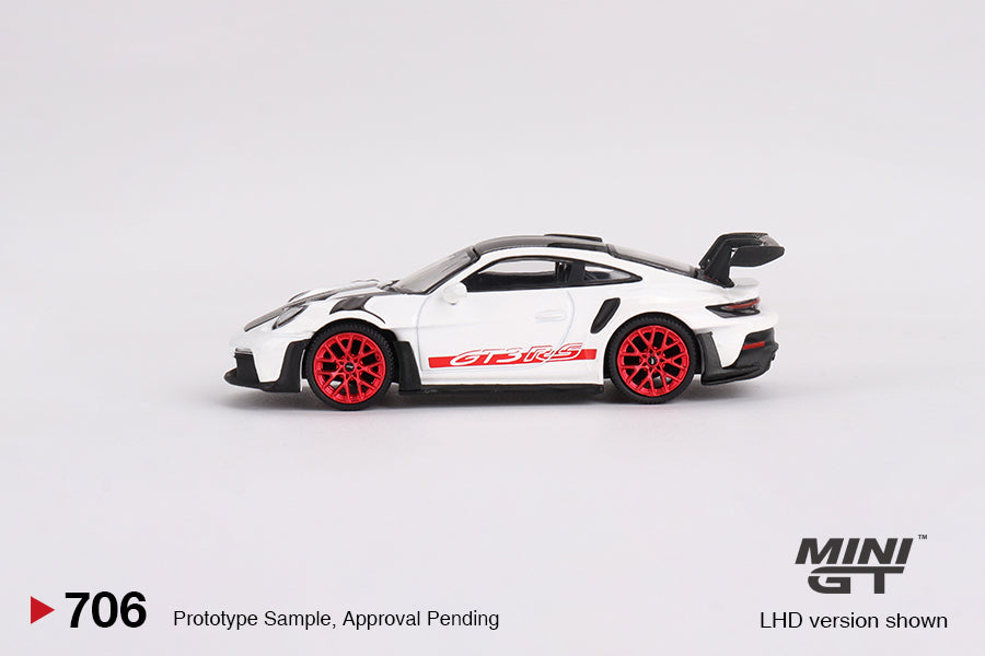 Mini GT Porsche 911 992 GT3 RS Weissach Package White with Pyro Red MGT00706 1/64 Die Cast