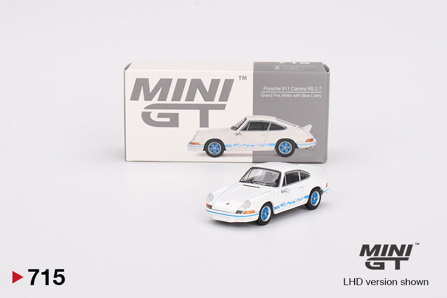 Mini GT Porsche 911 Carrera RS 2.7 Grand Prix White with Blue Livery MGT00715 1/64 Diecast