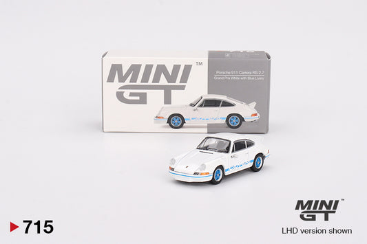Mini GT Porsche 911 Carrera RS 2.7 Grand Prix White with Blue Livery MGT00715 1/64 Diecast