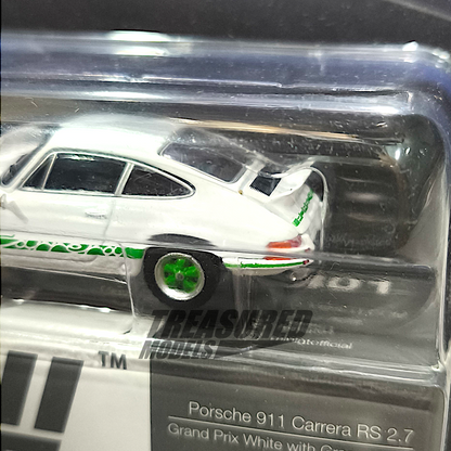 Mini GT Porsche 911 Carrera RS 2.7 Grand Prix White with Green Livery Blister Packaging MGT00801 1/64 Diecast