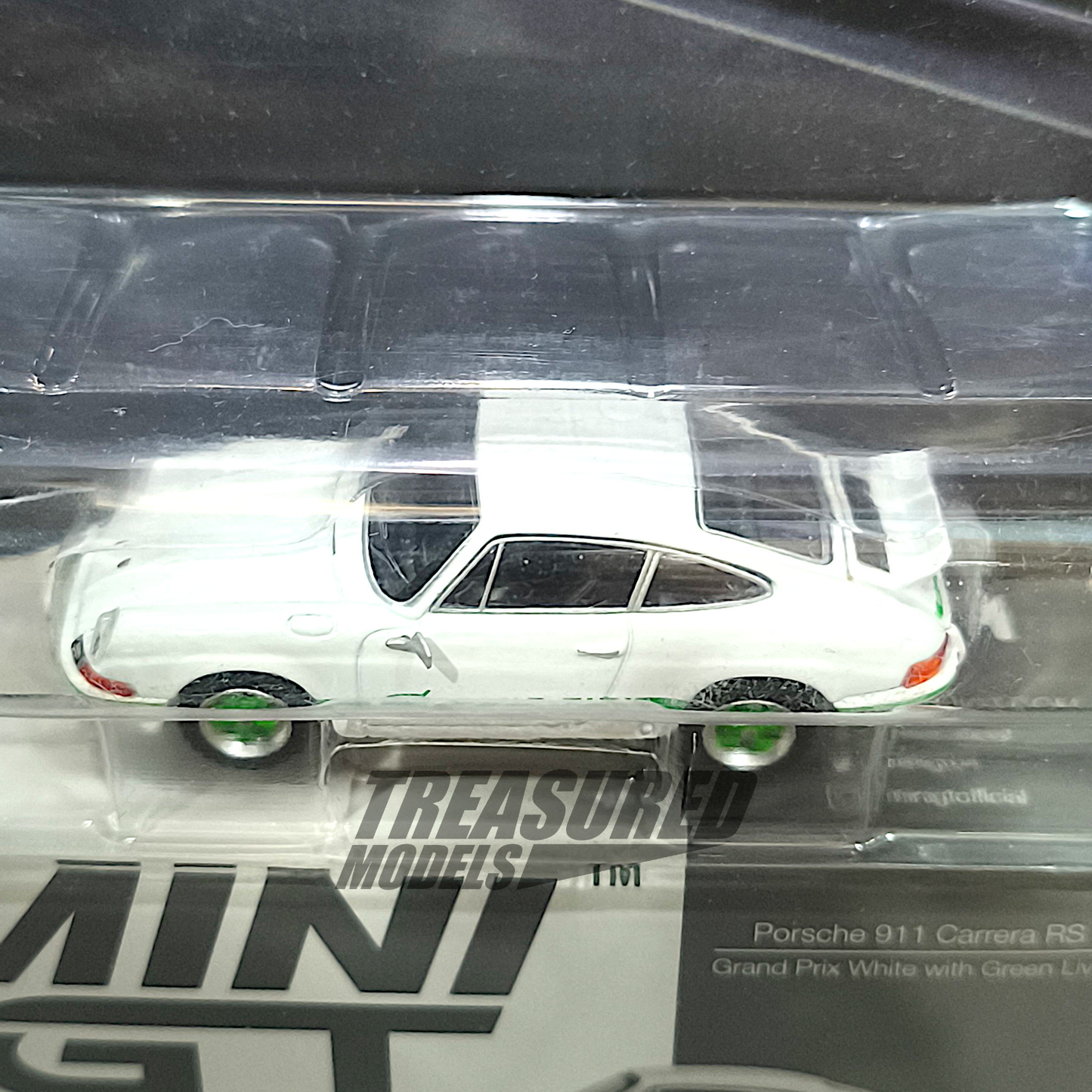 Mini GT Porsche 911 Carrera RS 2.7 Grand Prix White with Green Livery Blister Packaging MGT00801 1/64 Diecast