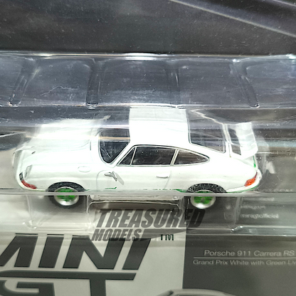 Mini GT Porsche 911 Carrera RS 2.7 Grand Prix White with Green Livery Blister Packaging MGT00801 1/64 Diecast