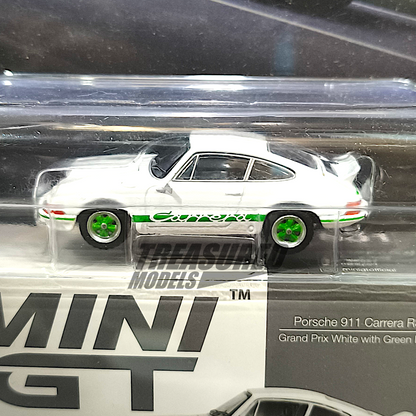 Mini GT Porsche 911 Carrera RS 2.7 Grand Prix White with Green Livery Blister Packaging MGT00801 1/64 Diecast