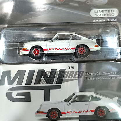 Mini GT Porsche 911 Carrera RS 2.7 Grand Prix White with Red Livery Blister Packaging MGT00612 1/64 Diecast