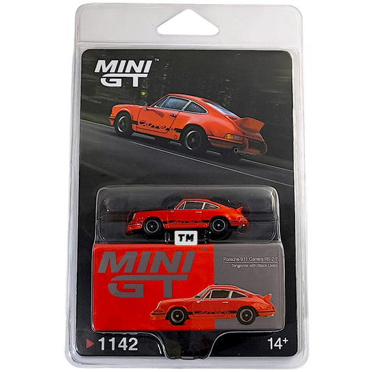 Mini GT Porsche 911 Carrera RS 2.7 Tangerine with Black Livery Blister Packaging MGT01142-BL 1/64 Diecast