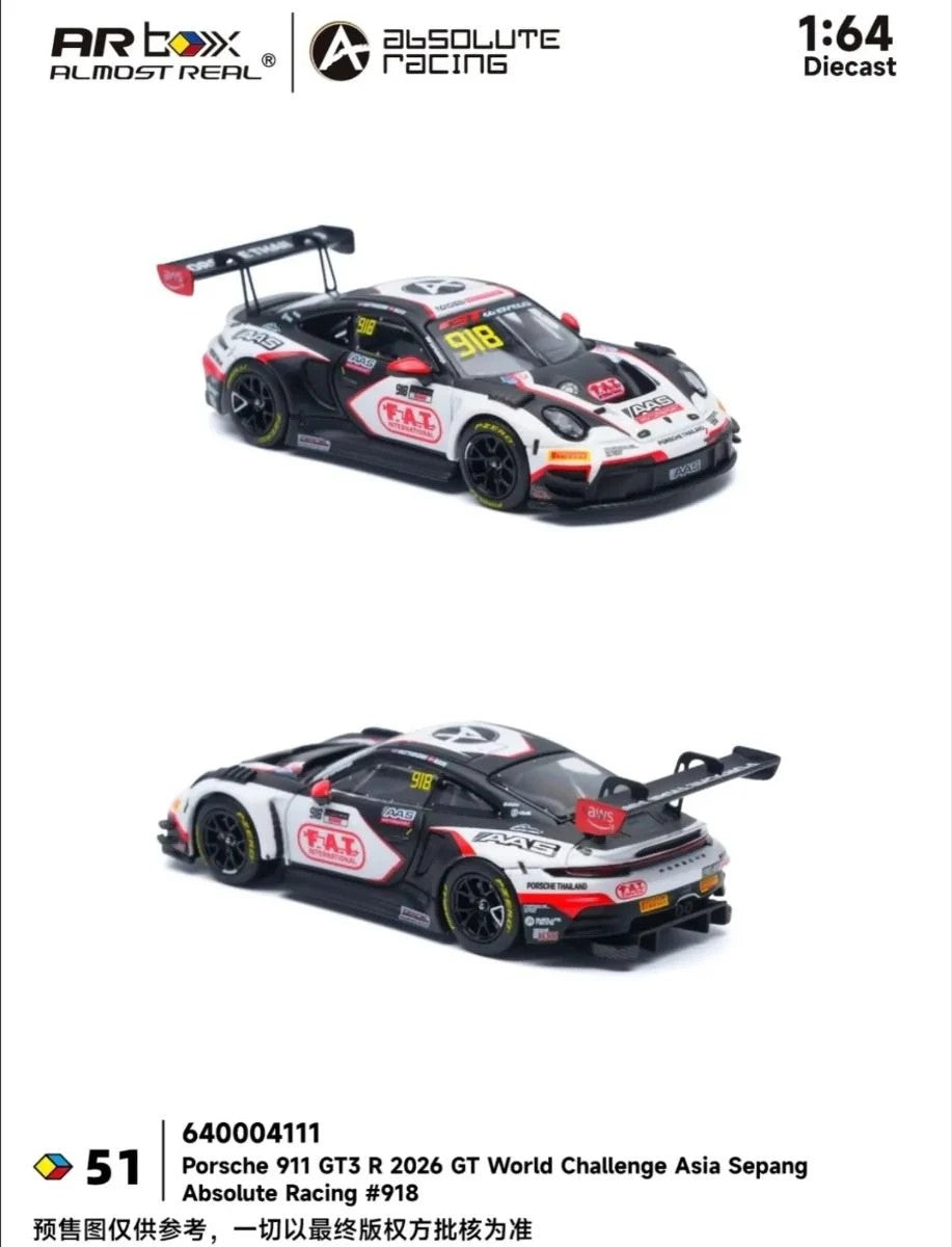 [Pre-Order] Almost Real AR Box Porsche 911 GT3 R 2026 GT World Challenge Asia Sepang Absolute Racing #918 51 640004111 1/64 Diecast