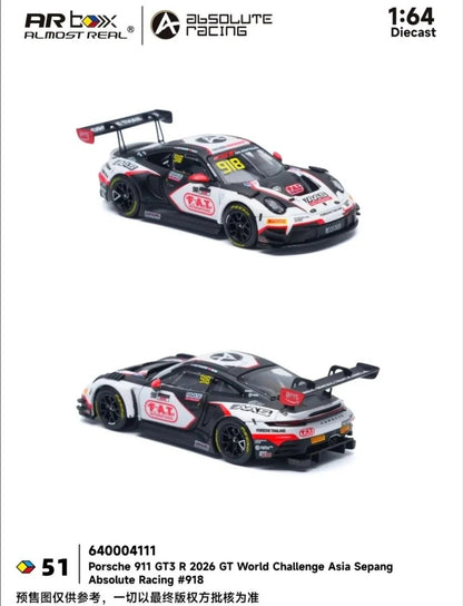 [Pre-Order] Almost Real AR Box Porsche 911 GT3 R 2026 GT World Challenge Asia Sepang Absolute Racing #918 51 640004111 1/64 Diecast