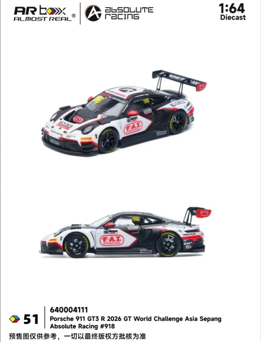 [Pre-Order] Almost Real AR Box Porsche 911 GT3 R 2026 GT World Challenge Asia Sepang Absolute Racing #918 51 640004111 1/64 Diecast