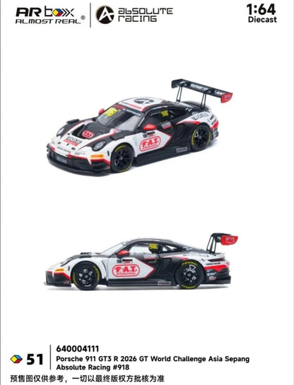 [Pre-Order] Almost Real AR Box Porsche 911 GT3 R 2026 GT World Challenge Asia Sepang Absolute Racing #918 51 640004111 1/64 Diecast