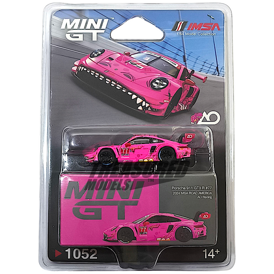 Mini GT Porsche 911 GT3 R #77 Roxy AO Racing 2024 IMSA Road America Blister Packaging MGT01052 1/64 Die Cast