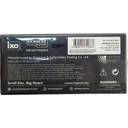 Tarmac Works Porsche 911 GT3 R Macau GT Cup FIA GT World Cup 2018 Mathieu Jaminet T64-032-18MGP991 1/64 Diecast