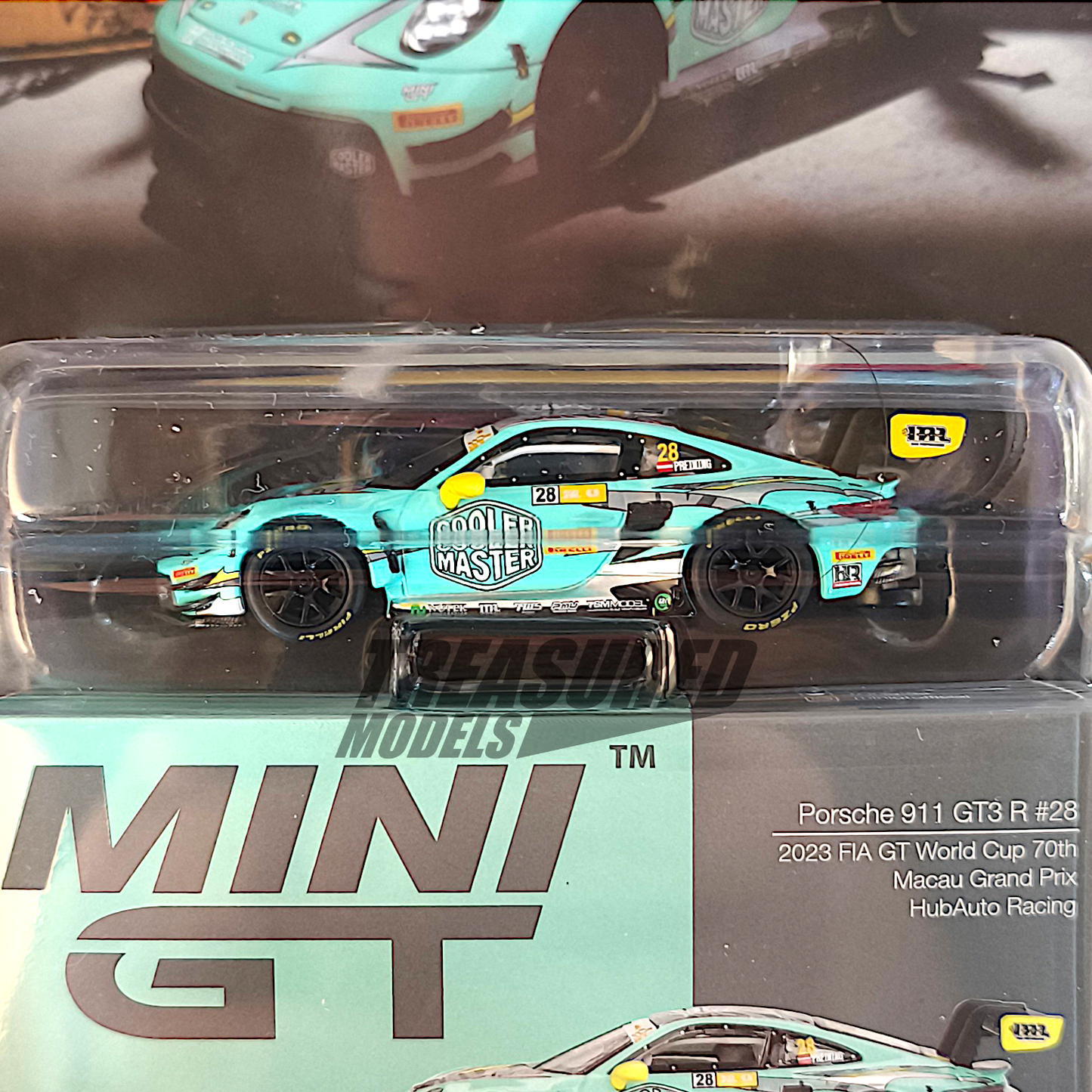 Mini GT Porsche 911 GT3 R #28 HubAuto Racing 2023 FIA GT World Cup 70th Macau Grand Prix Blister Packaging MGT00804 1/64 Diecast
