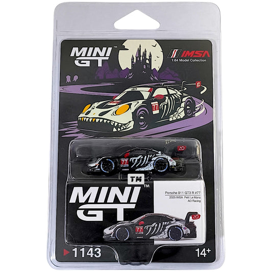 Mini GT Porsche 911 GT3 R #77 AO Racing 2025 IMSA Petit Le Mans Skeleton Rexy AO Racing Exclusive Blister Packaging MGT01143-OEM 1/64 Diecast