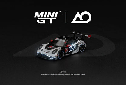[PRE-ORDER]  MINI GT Porsche 911 GT3 R (992) #77 AO Racing Skeleton Rexy 2026 IMSA Petit Le Mans MGT01436 1/64 Diecast