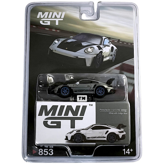 CHASE! MINI GT Porsche 911 (992) GT3 RS Weissach Package White with Indigo Blue Blister Packaging MGT00853-BL 1/64 Diecast