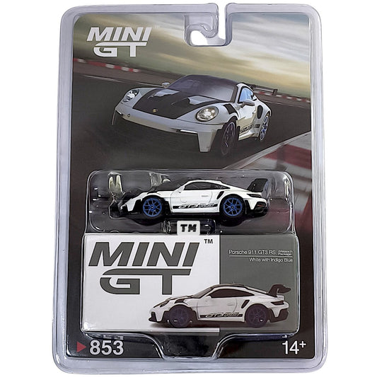 Mini GT Porsche 911 (992) GT3 RS Weissach Package White with Indigo Blue Blister Packaging MGT00853-BL 1/64 Diecast