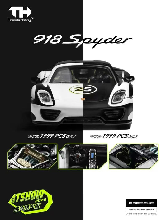 Trends Hobby 2pcs Set Black & White Porsche 918 Spyder GT Show 2026 China 1/64 Diecast