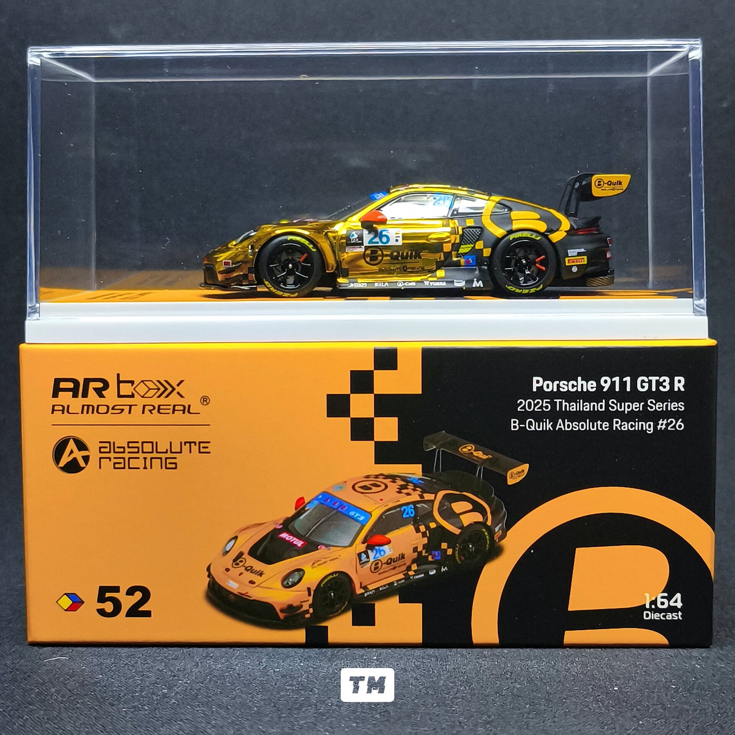 CHASE! Almost Real AR Box Porsche 992 GT3 R - 2025 Thailand Super Series B-Quik Absolute Racing #26 Yellow Chrome Livery 52 640005001 1/64 Diecast