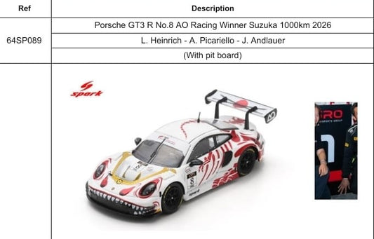 [PRE-ORDER] SPARK Porsche GT3 R No.8 AO Racing Winner Suzuka 1000km 2026 w Pit Board 64SP089 1/64 Diecast