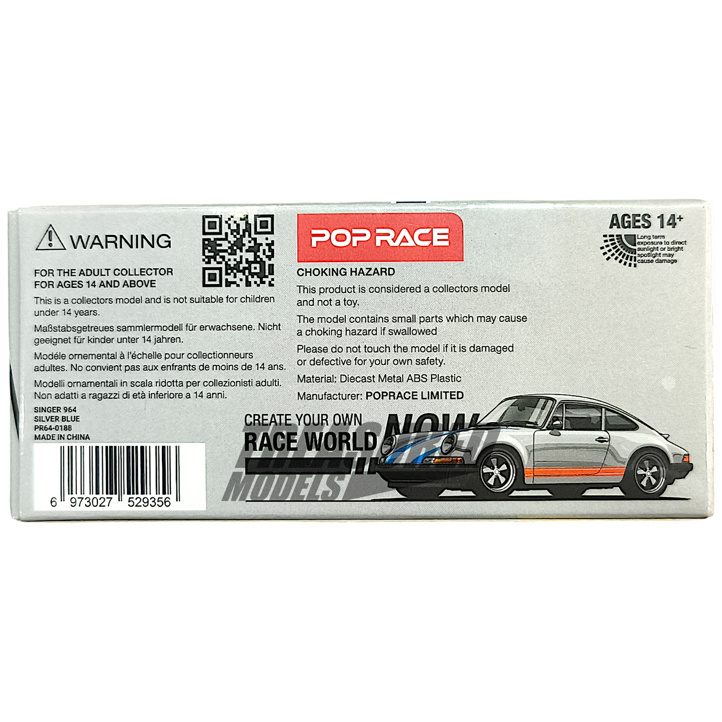 Pop Race Porsche Singer 964 Silver Blue PR640188 1/64 Die Cast
