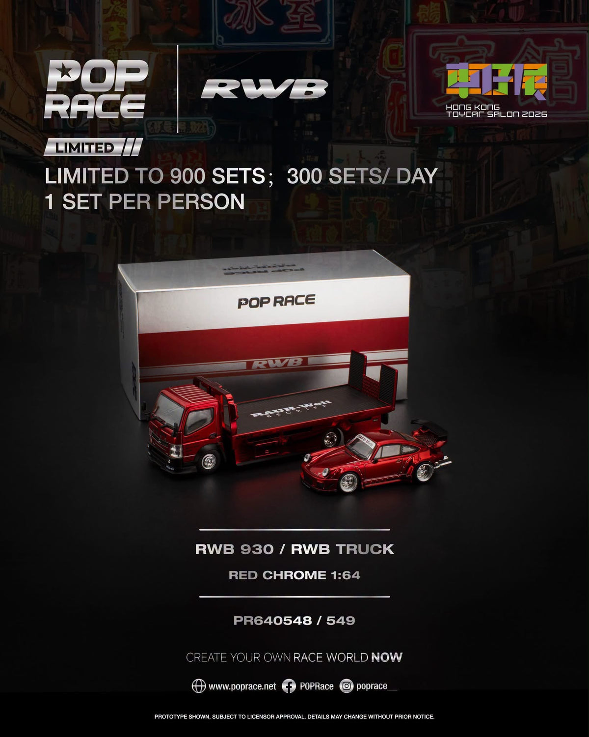 Pop Race RWB 930 + RWB Truck Red Chrome Hong Kong Toy Car Salon 2026 PR640548 1/64 Diecast