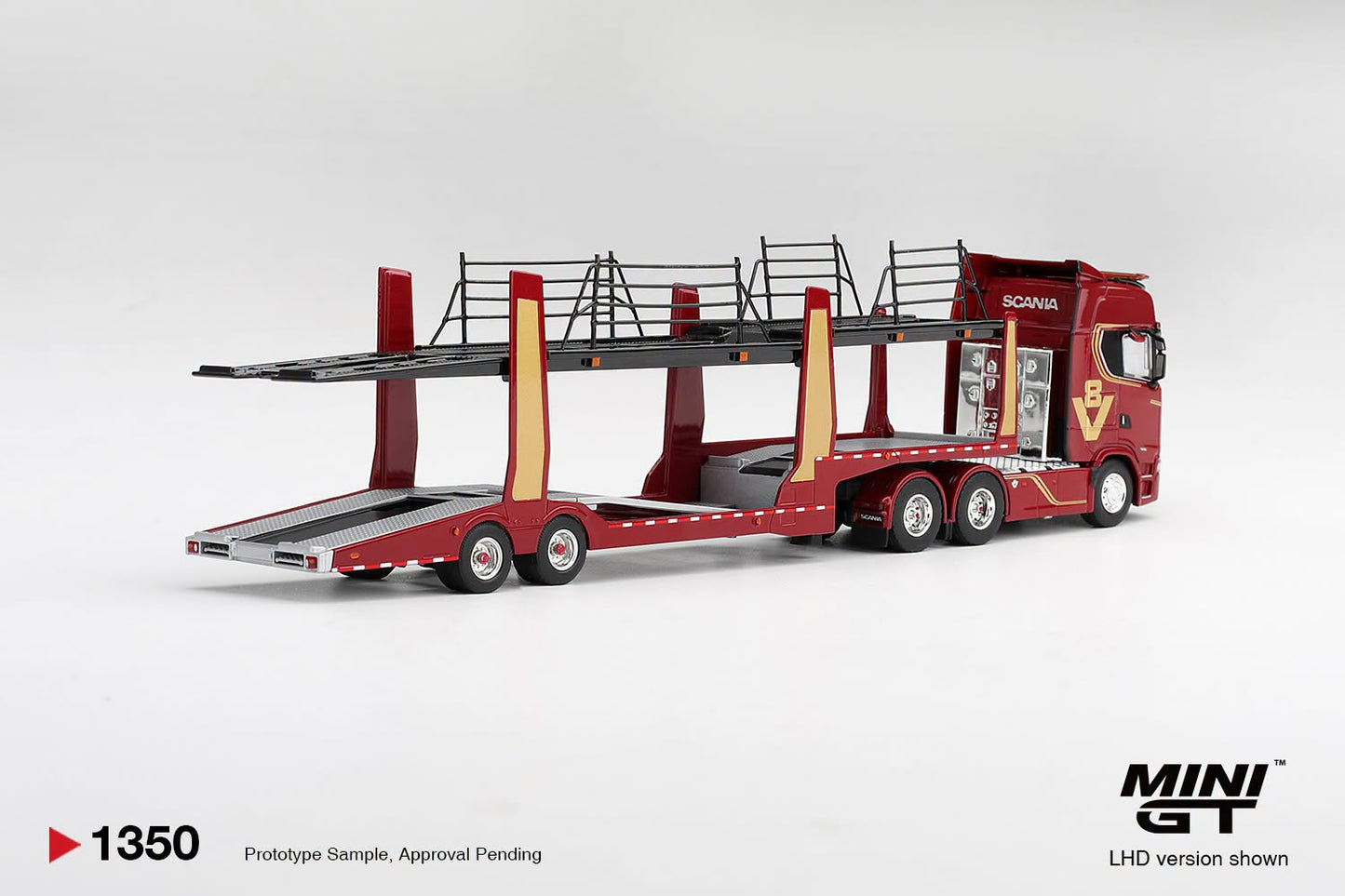 [Pre-Order] Mini GT Scania 770S A6x4NA Car Transporter V8 50th anniversary + Car transporter Red MGT01350 1/64 Diecast