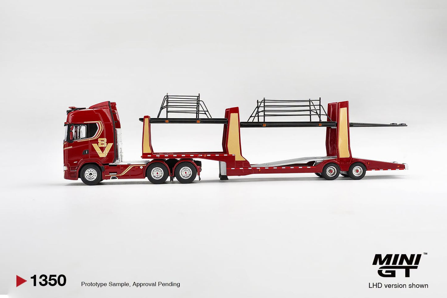 [Pre-Order] Mini GT Scania 770S A6x4NA Car Transporter V8 50th anniversary + Car transporter Red MGT01350 1/64 Diecast