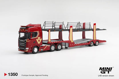 [Pre-Order] Mini GT Scania 770S A6x4NA Car Transporter V8 50th anniversary + Car transporter Red MGT01350 1/64 Diecast