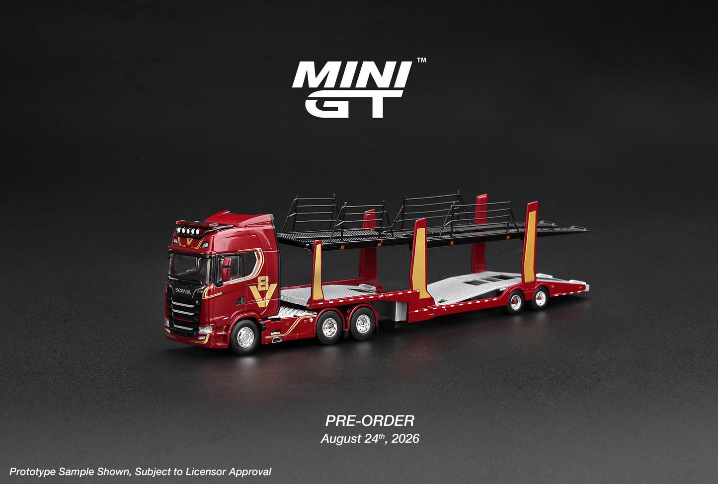 [Pre-Order] Mini GT Scania 770S A6x4NA Car Transporter V8 50th anniversary + Car transporter Red MGT01350 1/64 Diecast
