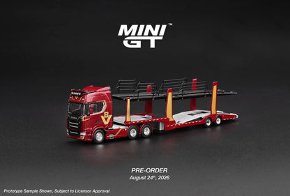 [Pre-Order] Mini GT Scania 770S A6x4NA Car Transporter V8 50th anniversary + Car transporter Red MGT01350 1/64 Diecast