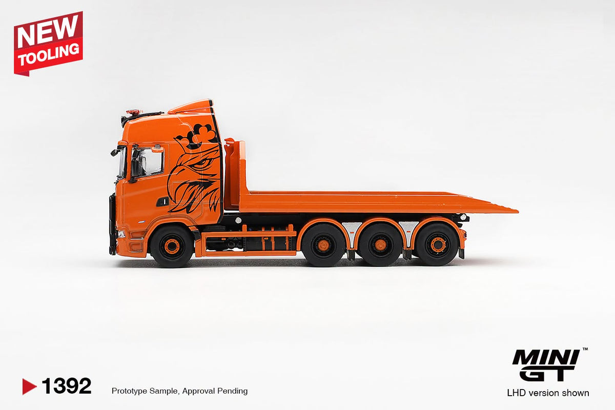 [PRE-ORDER] MINI GT Scania 770S B8x4NA Hooklift Flatbed Orange MGT01392 1/64 Diecast