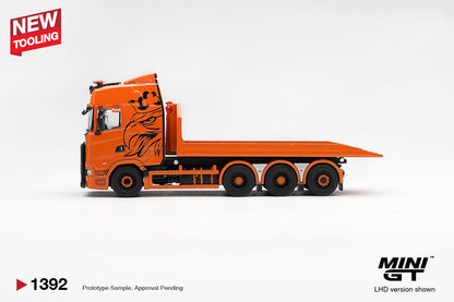 [PRE-ORDER] MINI GT Scania 770S B8x4NA Hooklift Flatbed Orange MGT01392 1/64 Diecast