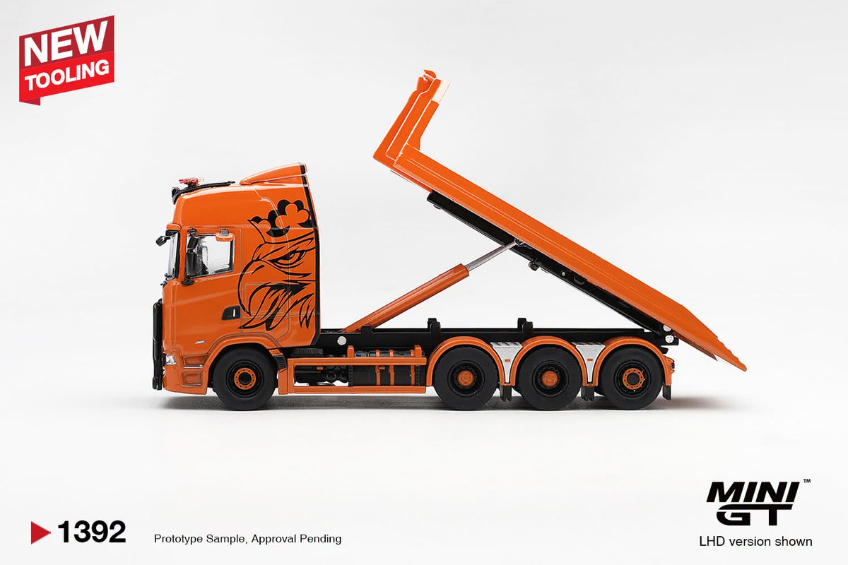 [PRE-ORDER] MINI GT Scania 770S B8x4NA Hooklift Flatbed Orange MGT01392 1/64 Diecast