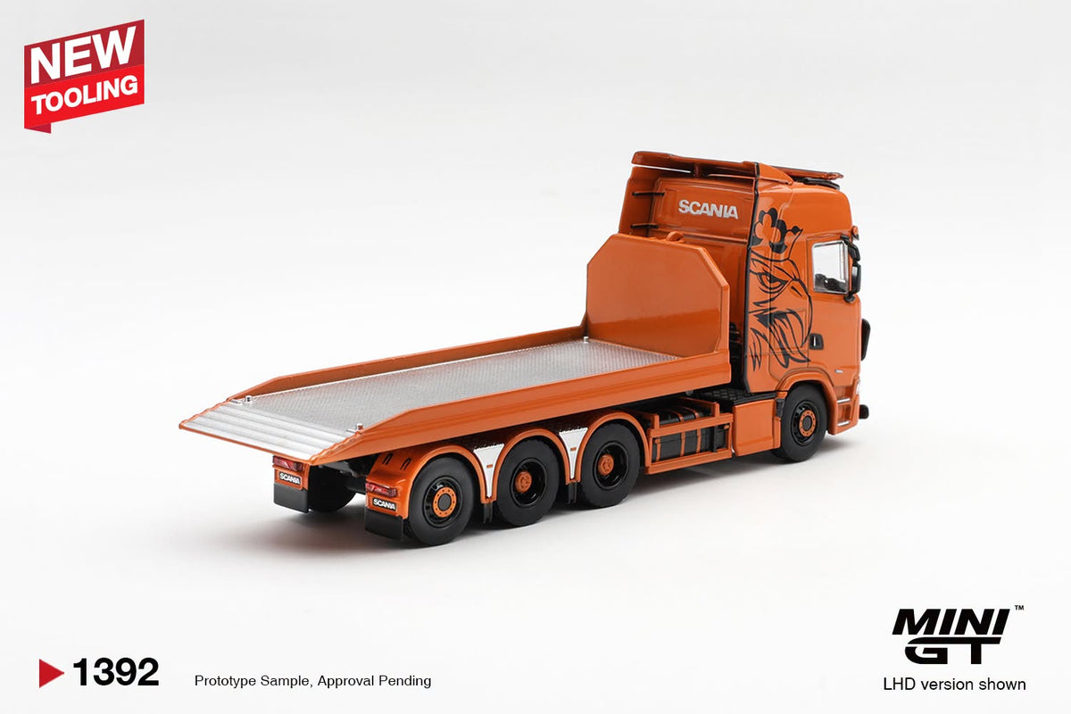 [PRE-ORDER] MINI GT Scania 770S B8x4NA Hooklift Flatbed Orange MGT01392 1/64 Diecast
