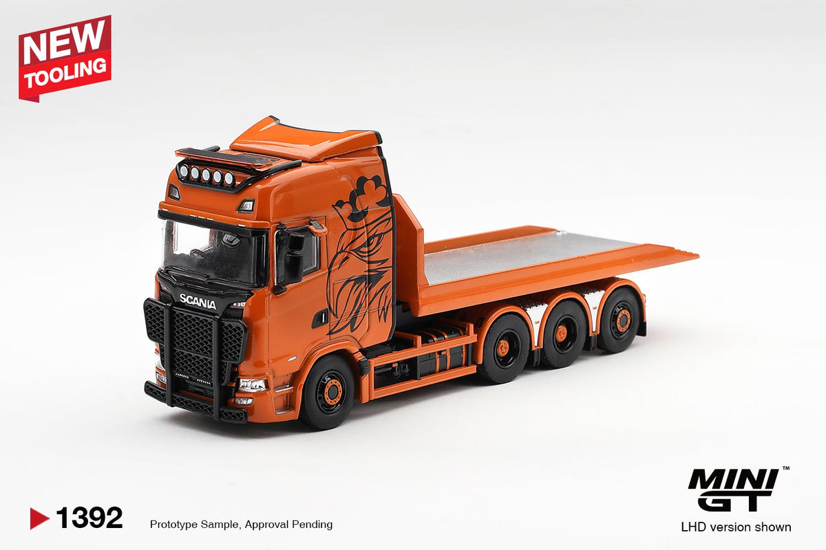 [PRE-ORDER] MINI GT Scania 770S B8x4NA Hooklift Flatbed Orange MGT01392 1/64 Diecast