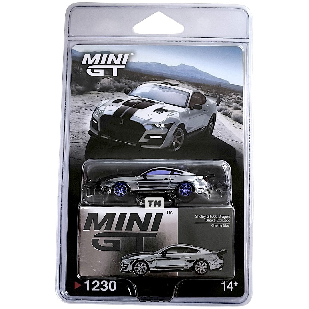 CHASE! MINI GT Shelby GT500 Dragon Snake Concept Chrome Silver Blister Packaging MGT01230-BL 1/64 Diecast