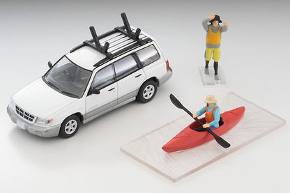 TomyTEC Tomica Limited Vintage NEO Subaru Forester Custom Specification White Silver w Kayak and Figure LV-N328b 1/64 Diecast