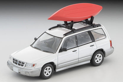 TomyTEC Tomica Limited Vintage NEO Subaru Forester Custom Specification White Silver w Kayak and Figure LV-N328b 1/64 Diecast