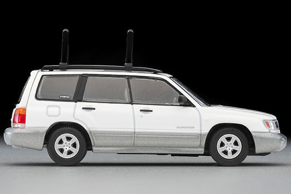 TomyTEC Tomica Limited Vintage NEO Subaru Forester Custom Specification White Silver w Kayak and Figure LV-N328b 1/64 Diecast