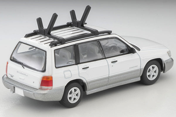 TomyTEC Tomica Limited Vintage NEO Subaru Forester Custom Specification White Silver w Kayak and Figure LV-N328b 1/64 Diecast