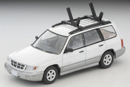 TomyTEC Tomica Limited Vintage NEO Subaru Forester Custom Specification White Silver w Kayak and Figure LV-N328b 1/64 Diecast