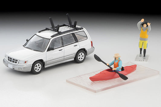 TomyTEC Tomica Limited Vintage NEO Subaru Forester Custom Specification White Silver w Kayak and Figure LV-N328b 1/64 Diecast