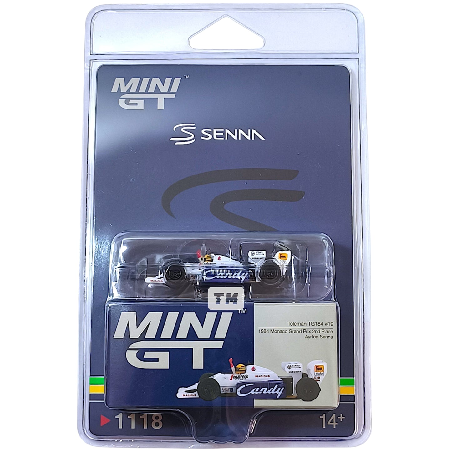 Mini GT Toleman TG184 #19 Ayrton Senna 1984 Monaco Grand Prix 2nd Place Blister Packaging MGT01118BL 1/64 Diecast