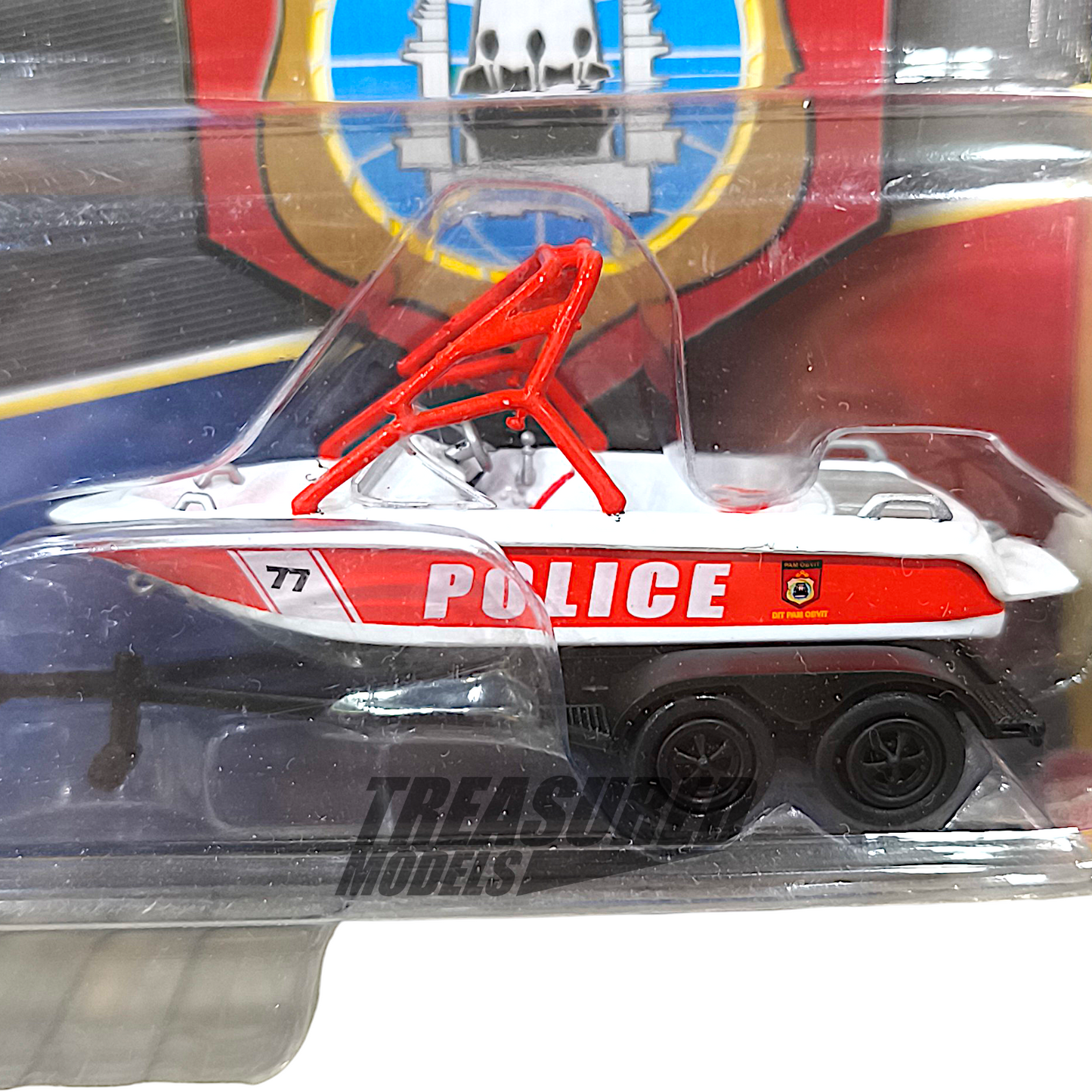 Johnny Lightning Toyota Land Cruiser FJ40 & Boat Trailer PAM OBVIT Indonesia POLICE 1/64 Diecast